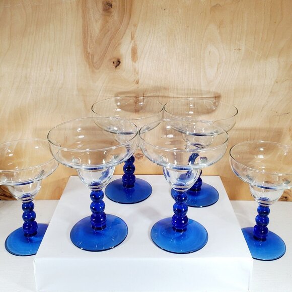Set of 6 Libbey Glass Metropolis Blue Margarita Glasses beaded cobalt stem - Picture 2 of 11